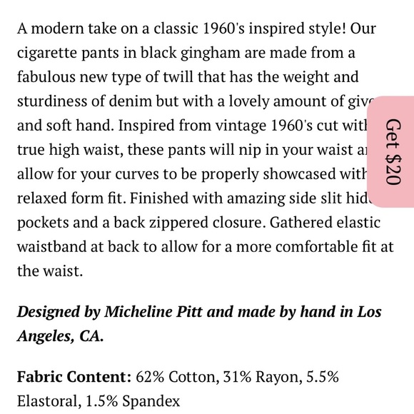 NWT Vixen by Micheline Pitt Black Gingham Cigarette Pants - Picture 10 of 11